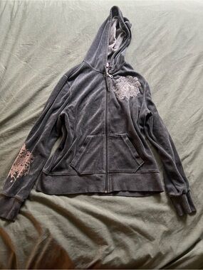 Y2K Silverwear Grey/Brown Velour Hoodie with Floral Details